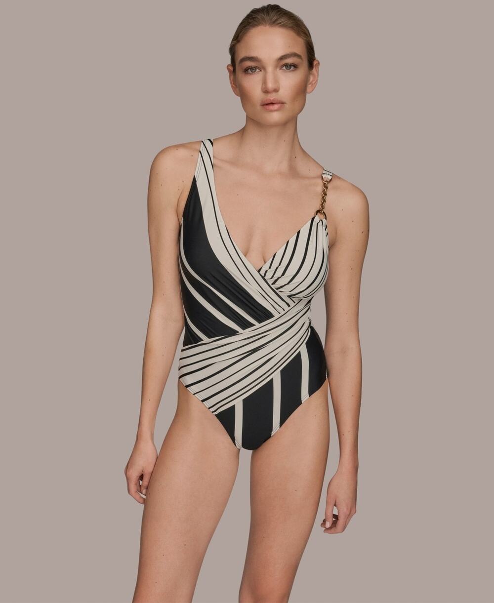 Donna Karan New York Wrap Front One-Piece Swimsuit Black/Cream Size L 3151